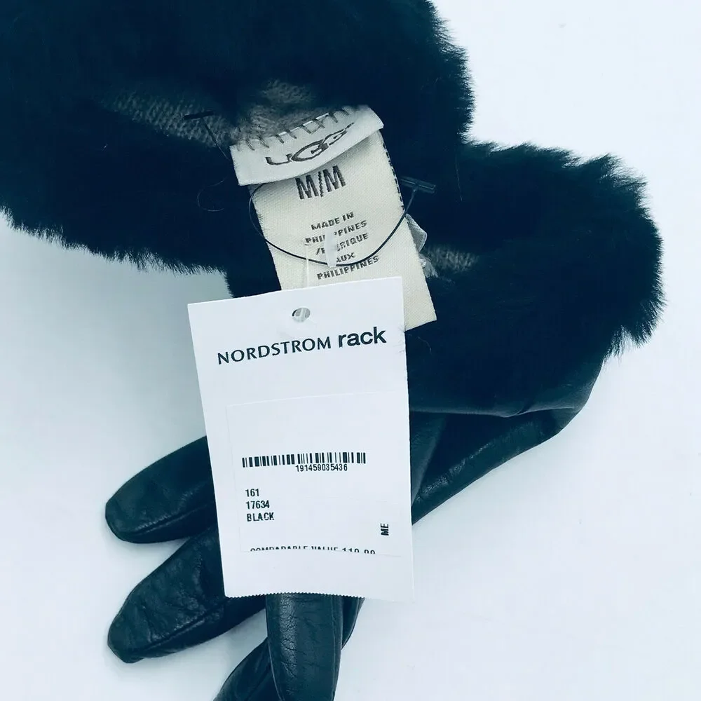 Ugg Women's Medium Fashion Shorty Gloves Leather Fur Trim Black NWT $110